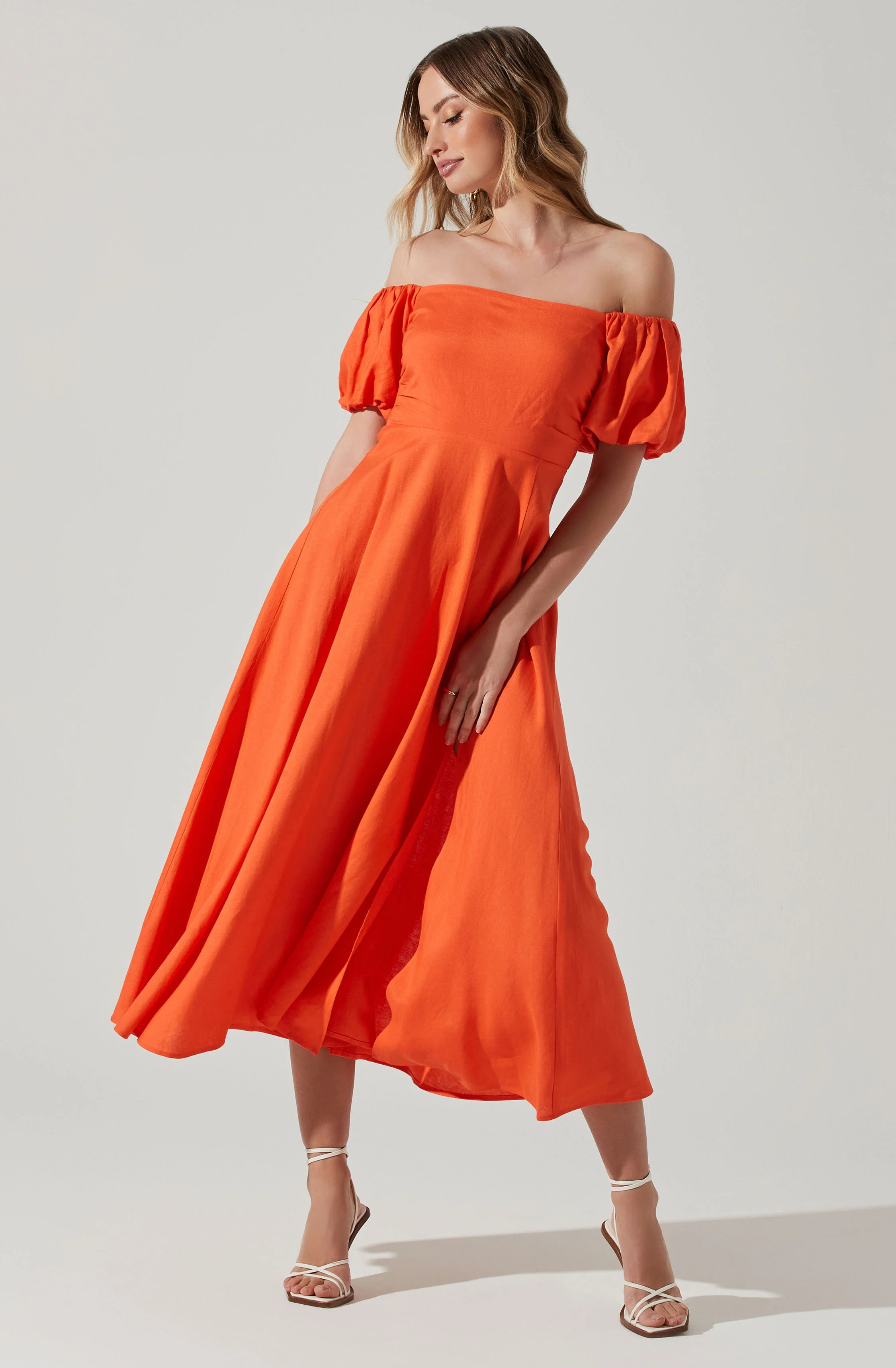 Off Shoulder Puff Sleeve Midi Dress