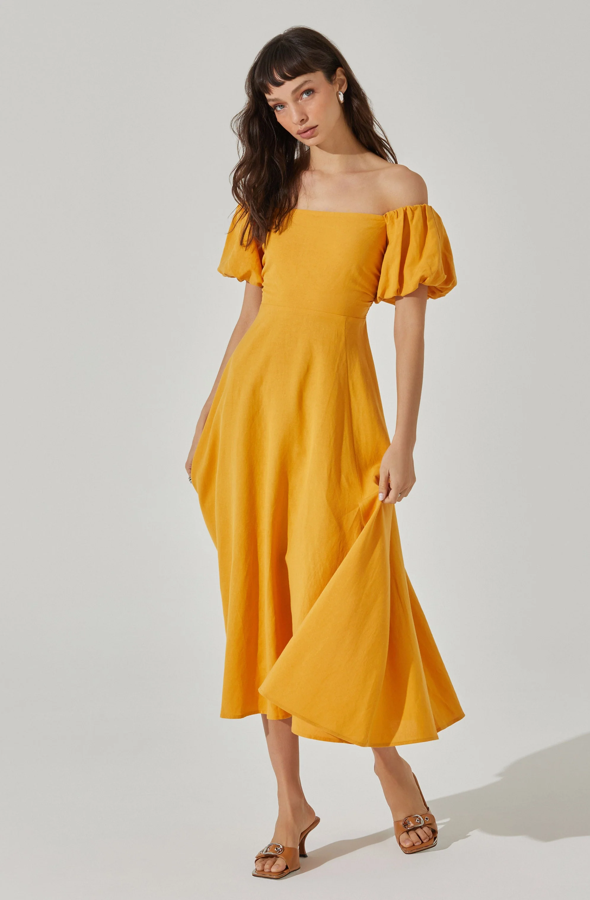 Off Shoulder Puff Sleeve Midi Dress