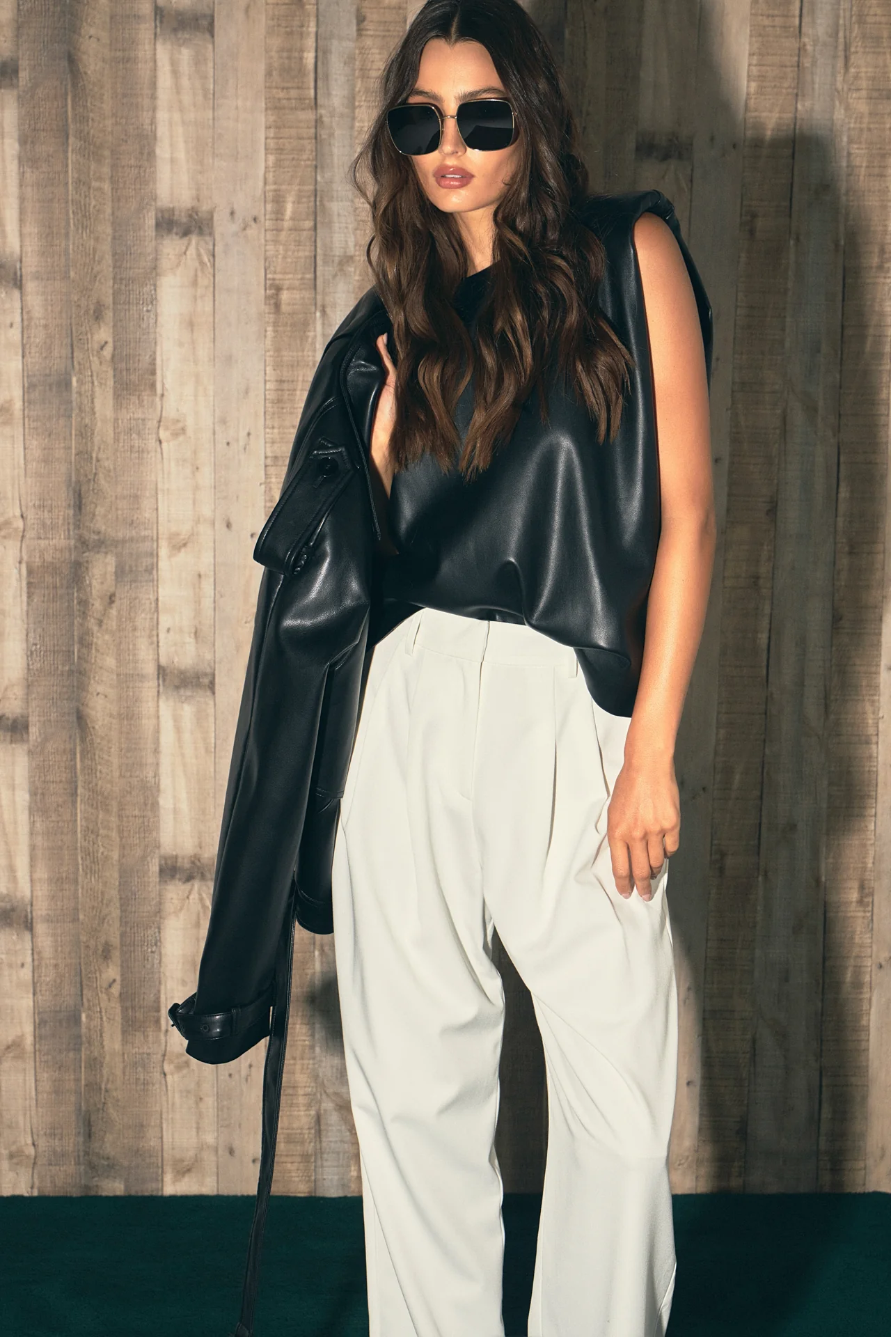 Shoulder Padded Faux Leather Top