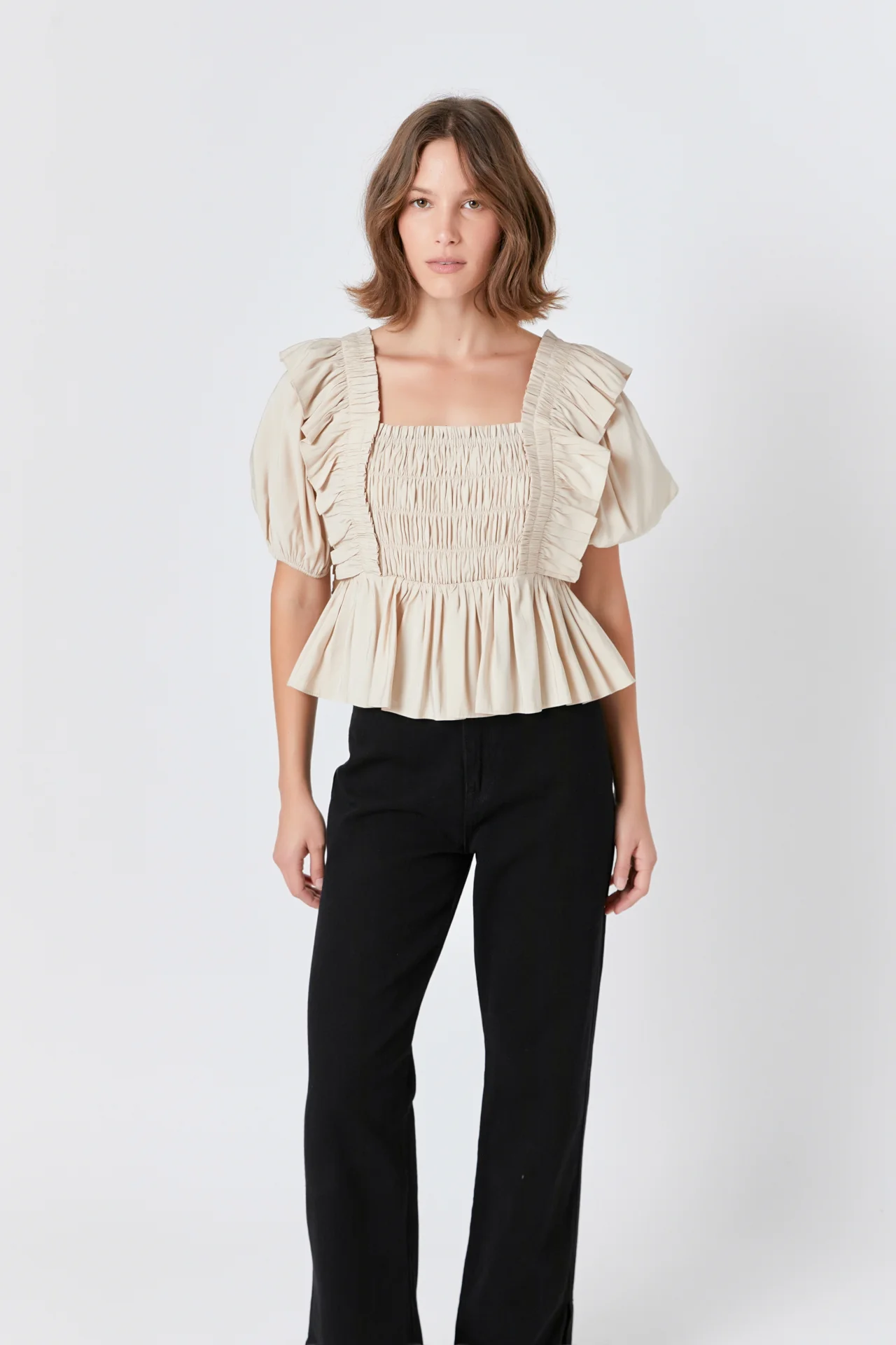 Smocked Puff Sleeve Peplum Crop Top