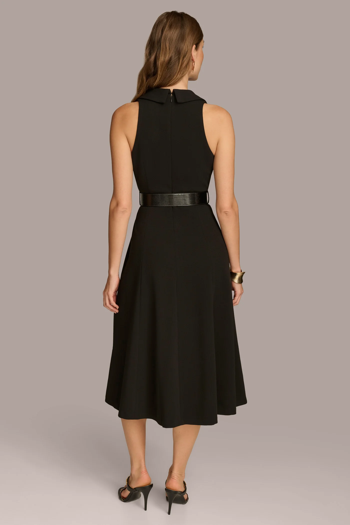 CREPE FIT AND FLARE DRESS WITH BELT