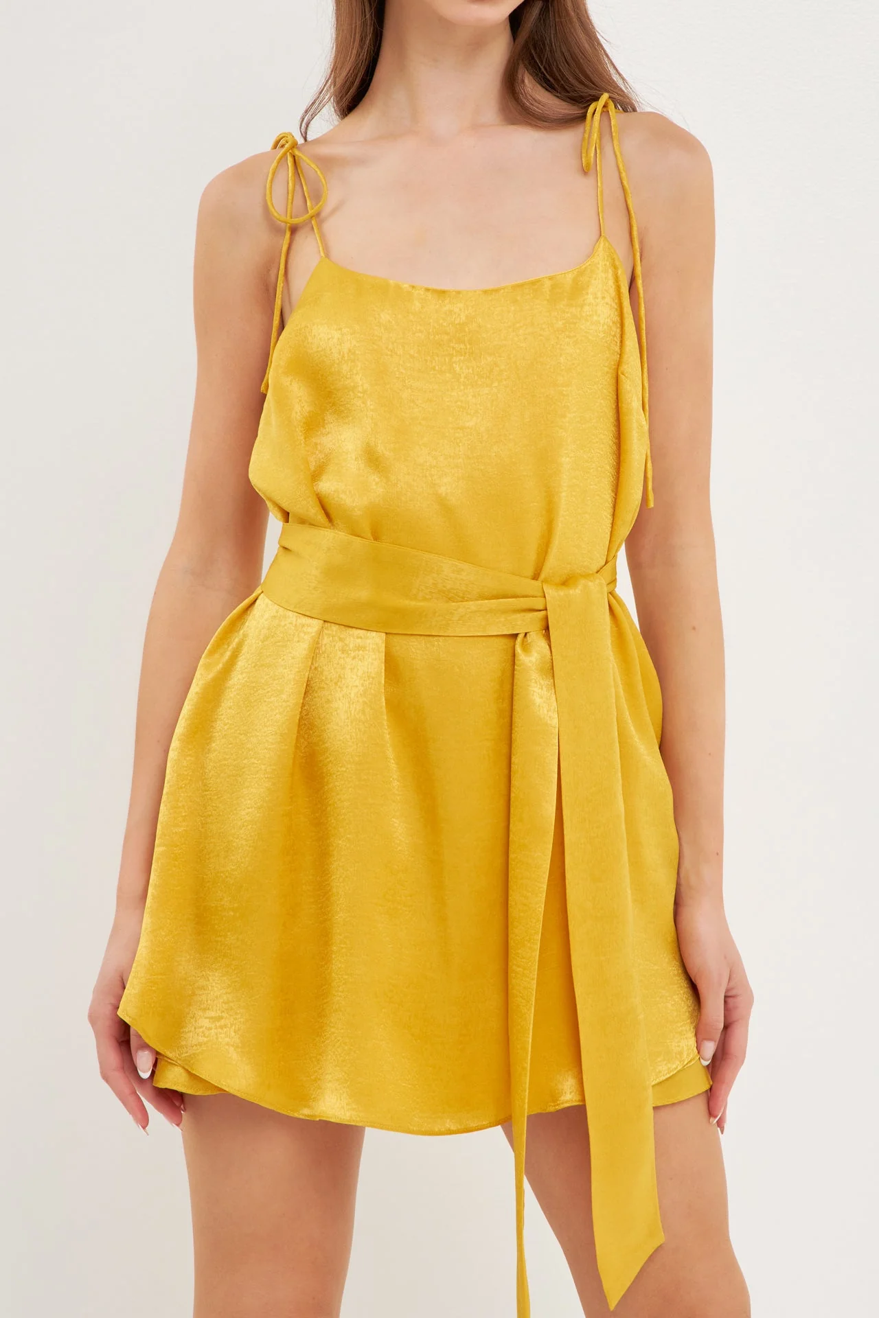 Spaghetti Tie Belted Romper Dress