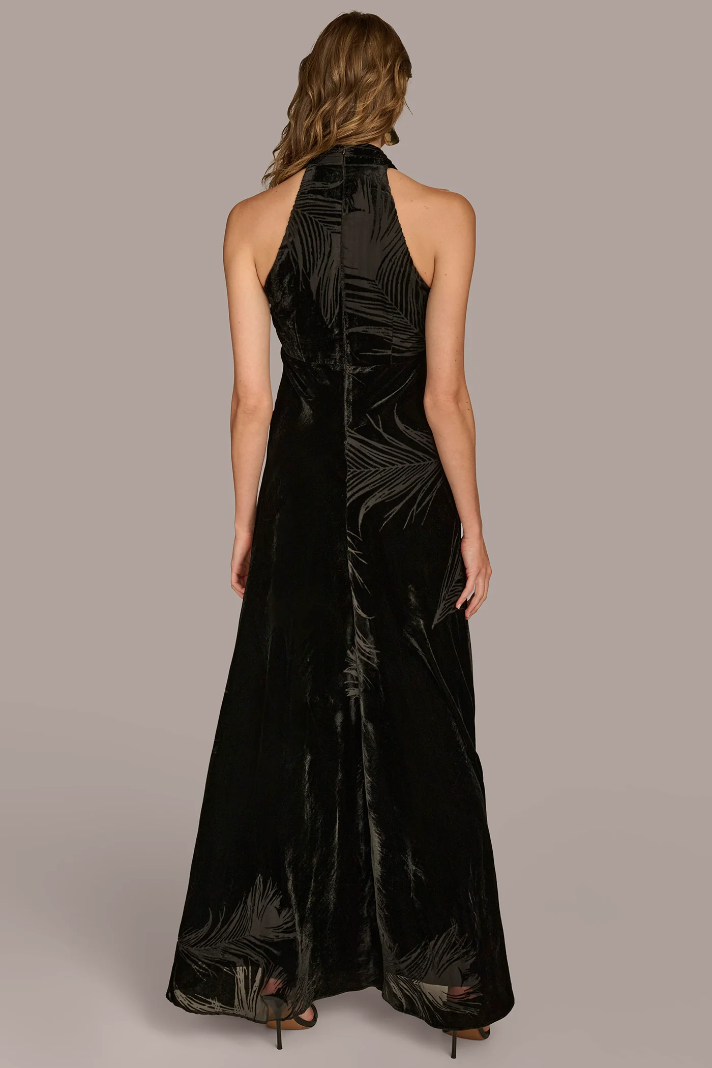 HALTER NECK BURNOUT VELVET GOWN