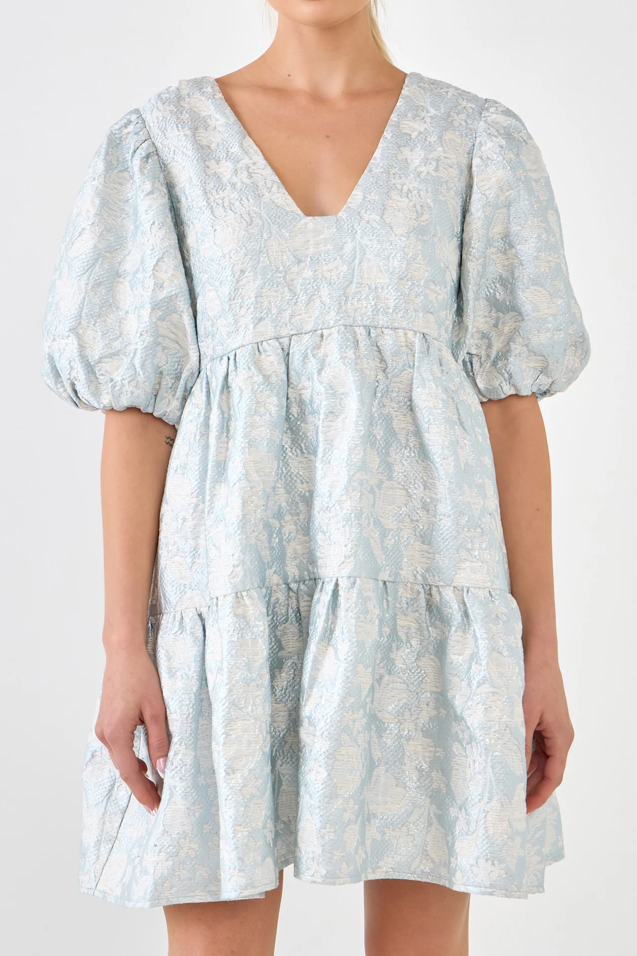 Jacquard Puff Sleeve High Low Dress