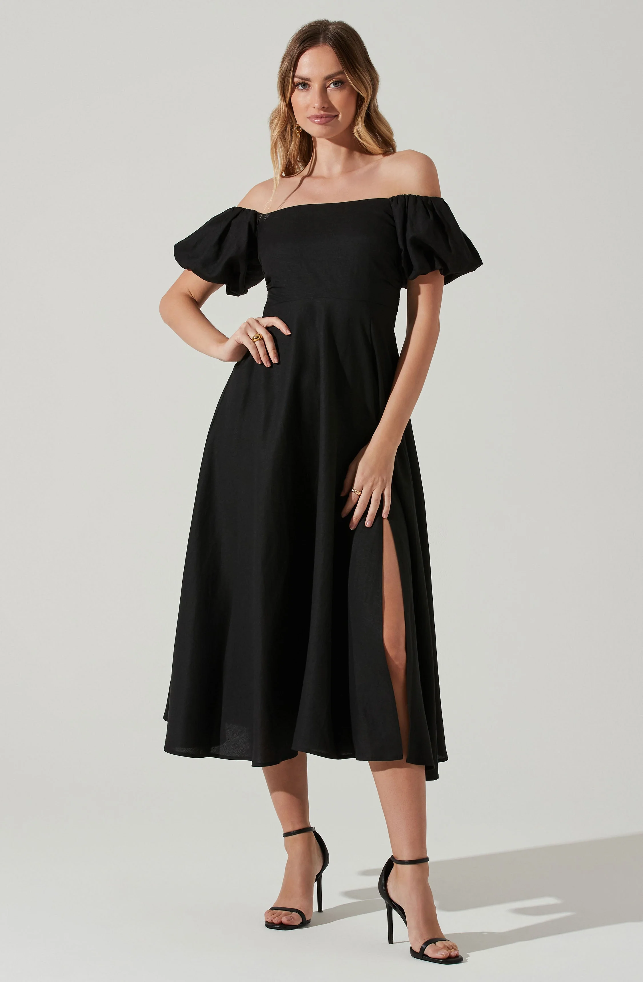 Off Shoulder Puff Sleeve Midi Dress