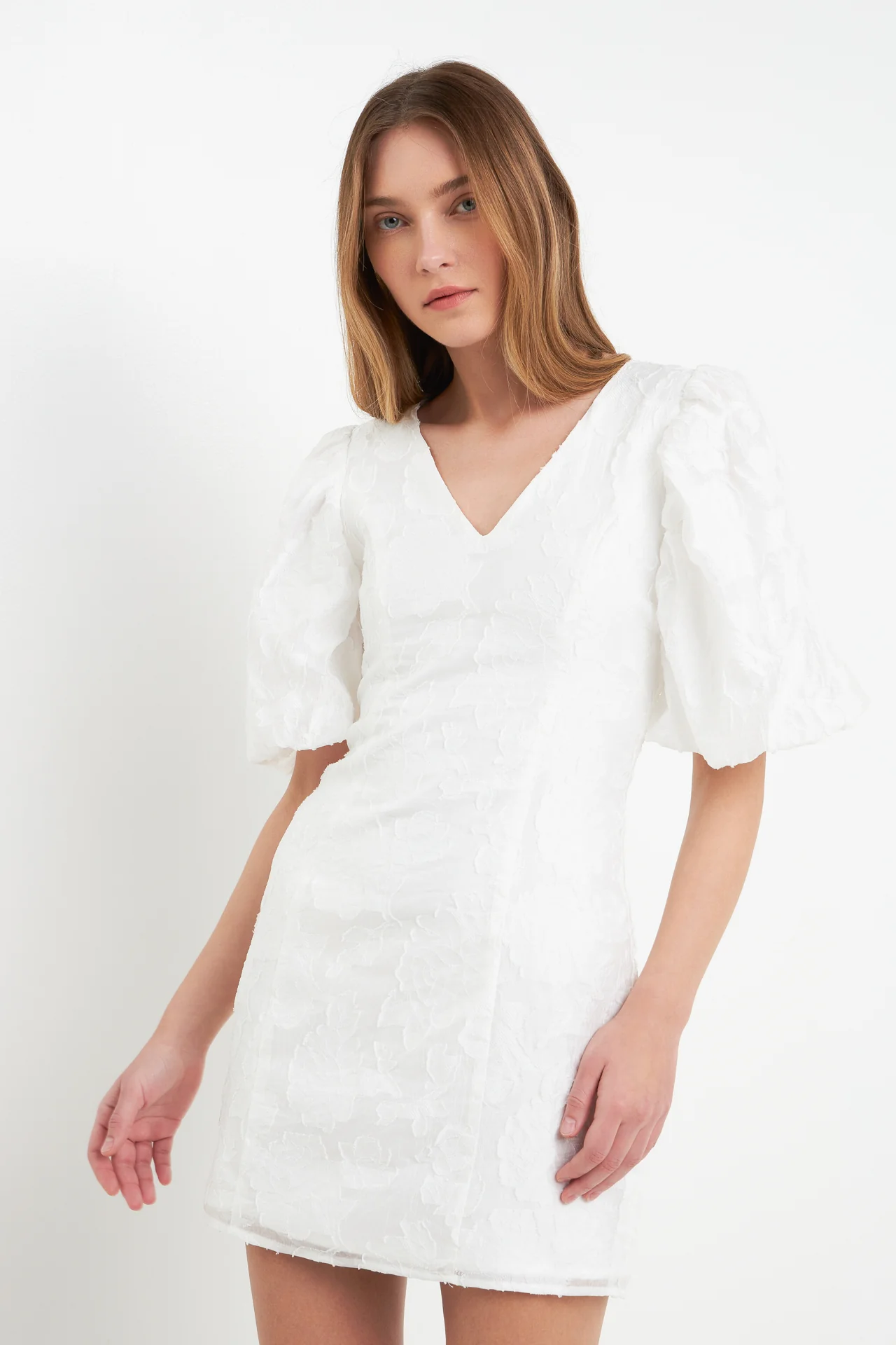 Floral Jacquard Puff Sleeve Mini Dress