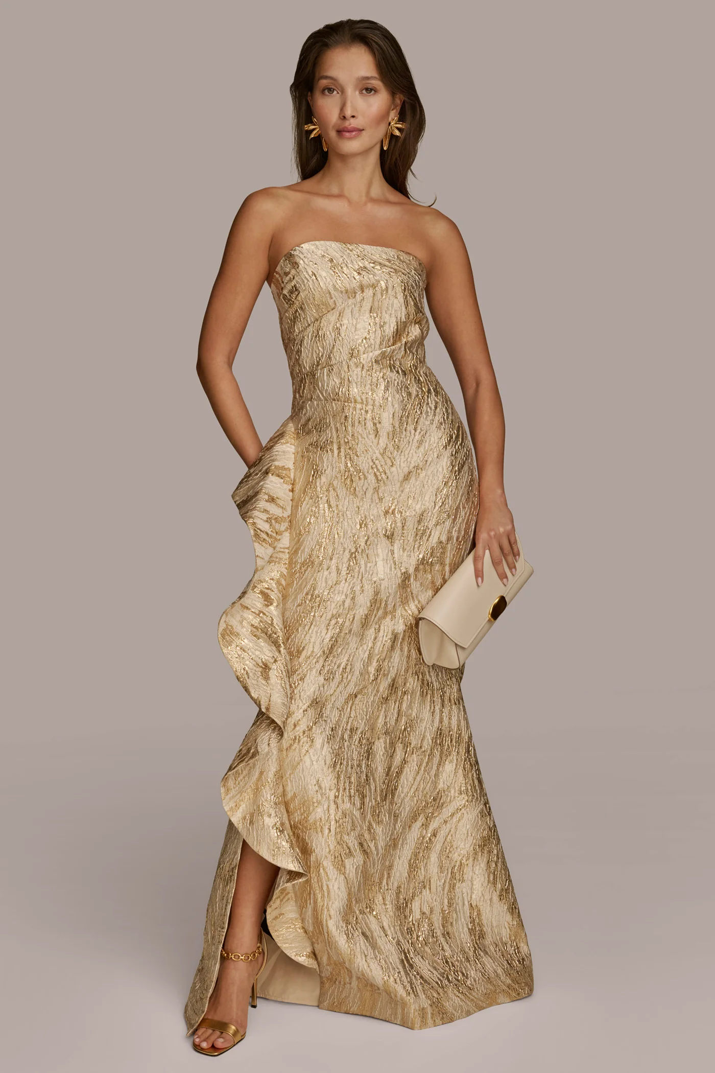 JACQUARD GOWN WITH SIDE RUFFLE