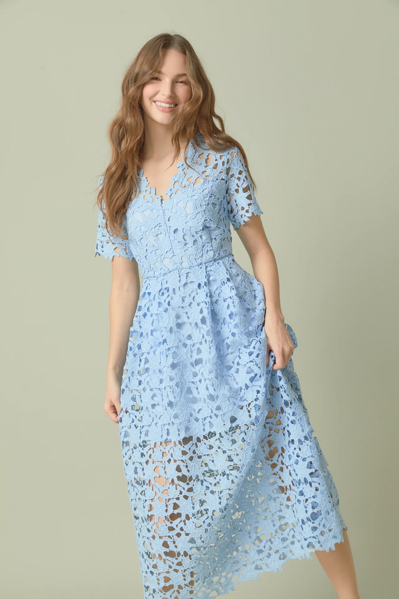 All Over Lace Short Sleeves Midi Dress