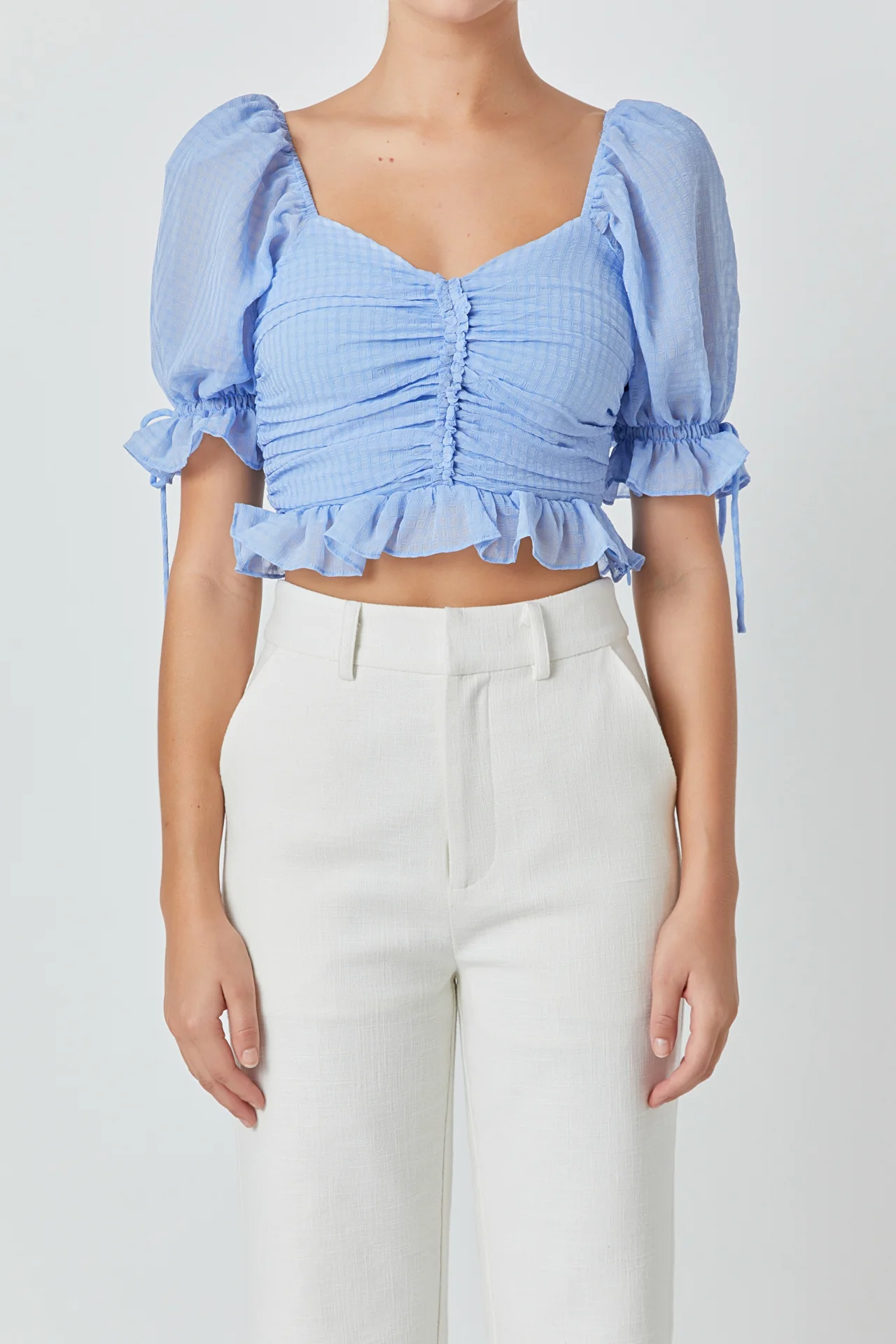 Chiffon Gridded Gathered Top