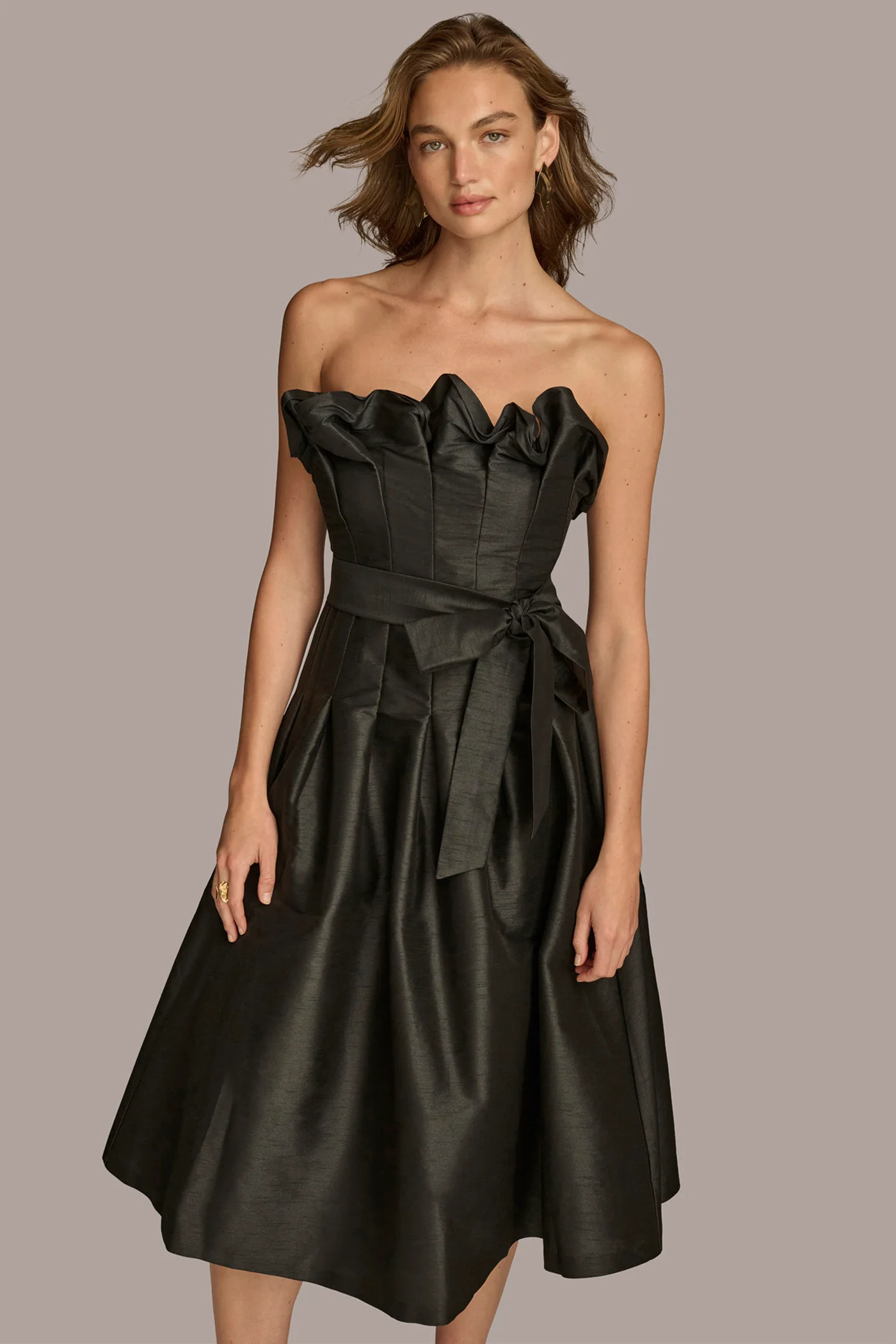 RUFFLE FIT AND FLARE DRESS