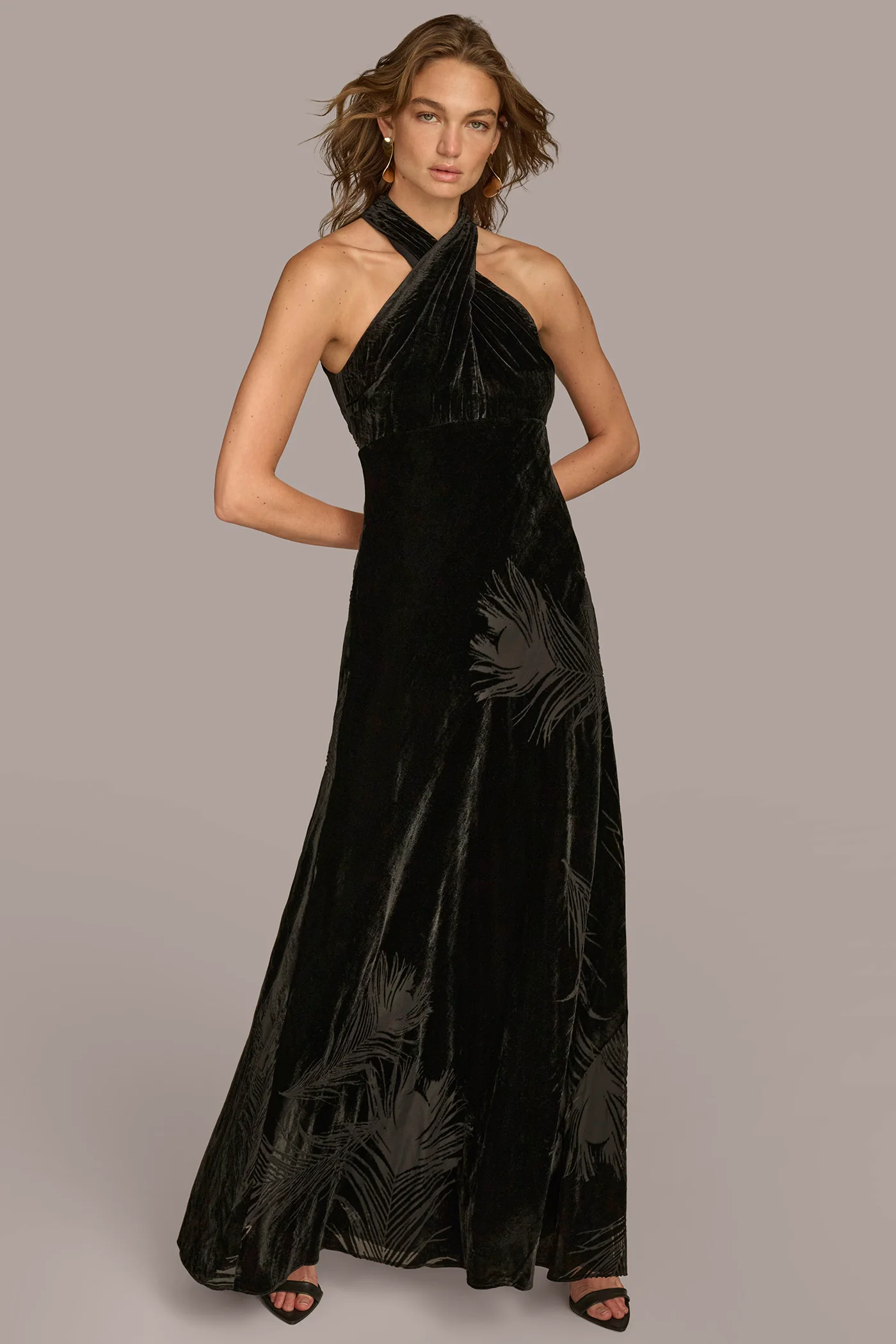 HALTER NECK BURNOUT VELVET GOWN