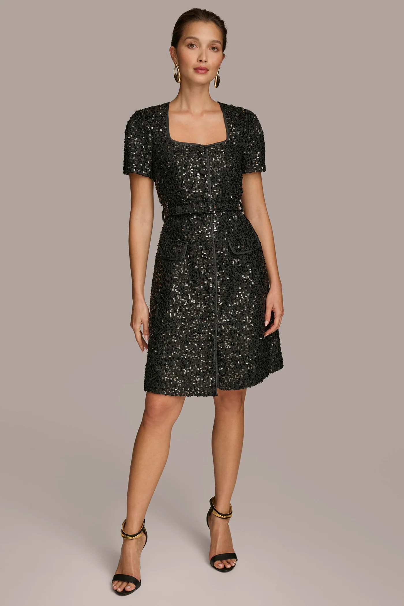 SQUARE NECK SEQUIN A LINE DRESS