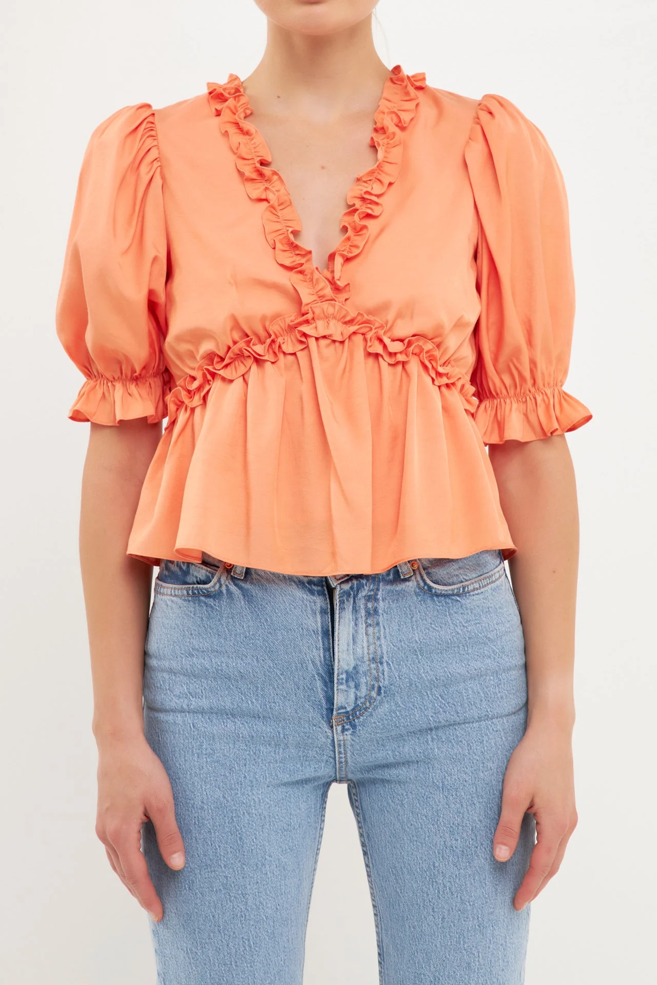 Ruffle Detail Top with Puff Sleeves