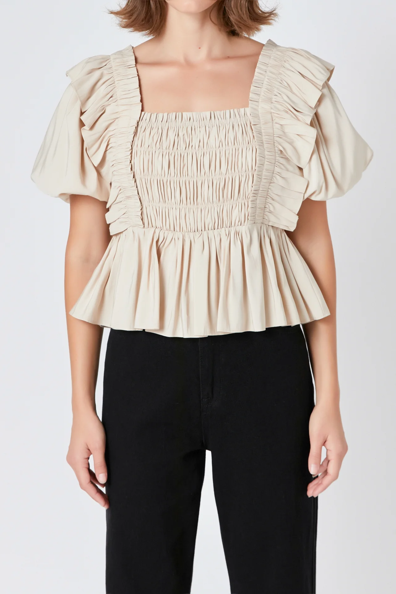 Smocked Puff Sleeve Peplum Crop Top