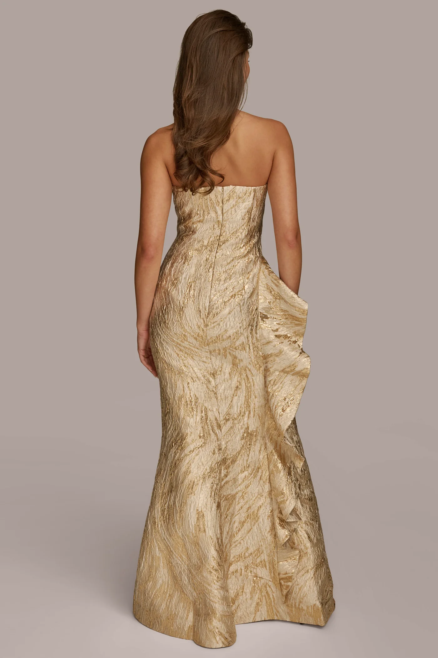 JACQUARD GOWN WITH SIDE RUFFLE