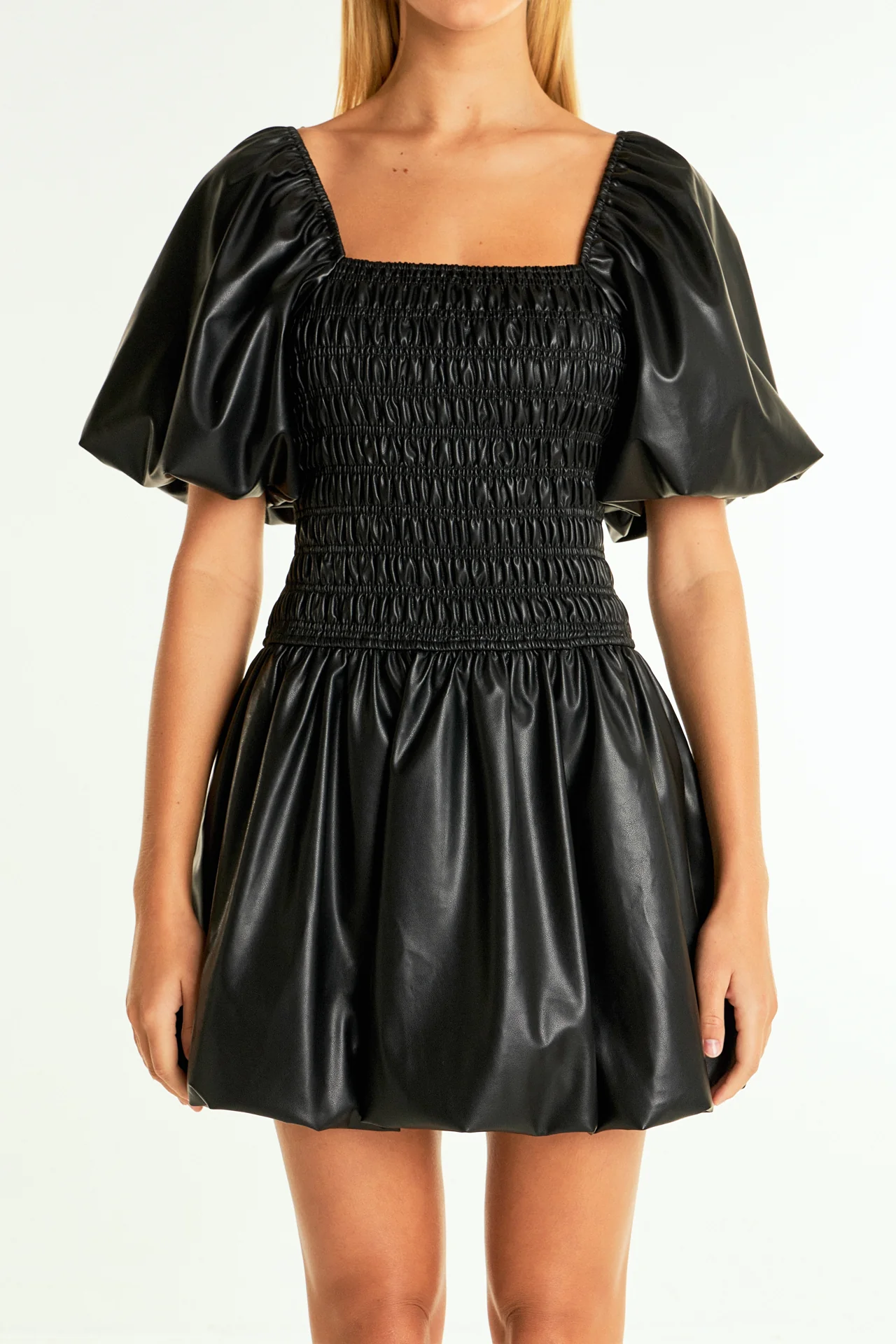 Pu Smocked Balloon Detail Mini Dress