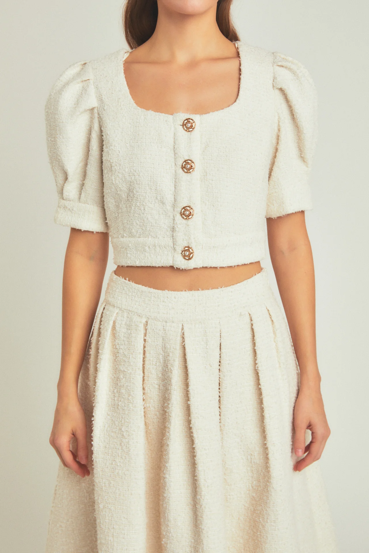 Premium Cropped Tweed Puff Sleeve Top