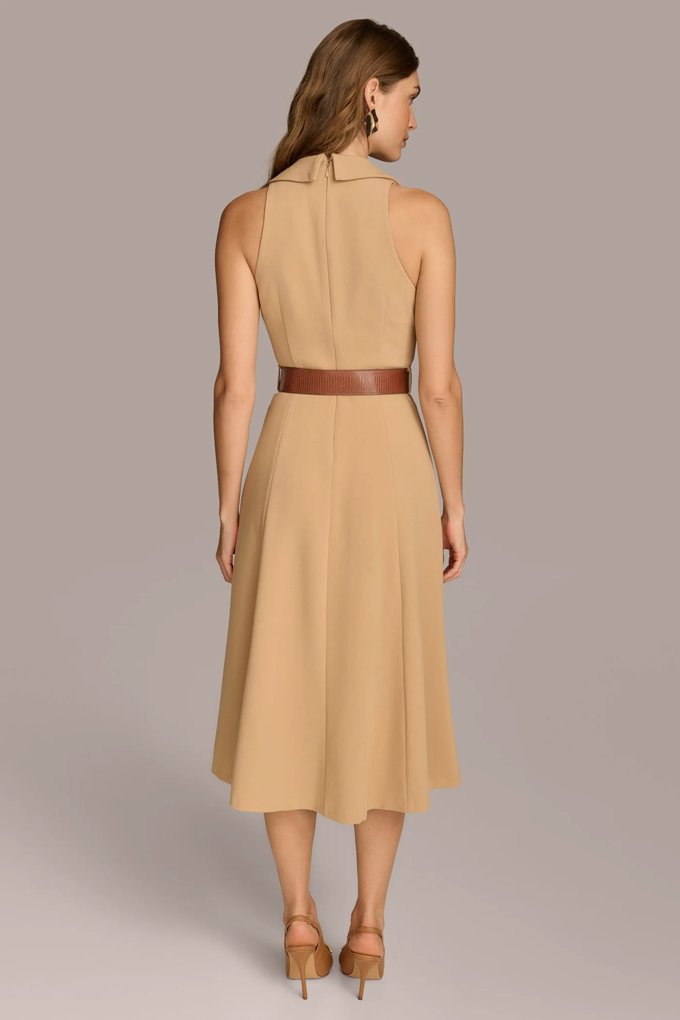 CREPE FIT AND FLARE DRESS WITH BELT