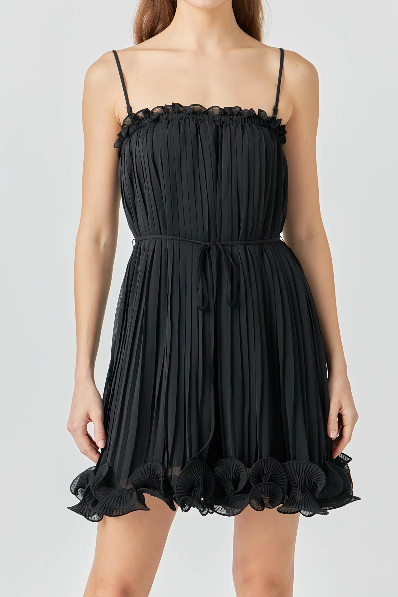Pleated Chiffon Ruffle Mini Dress