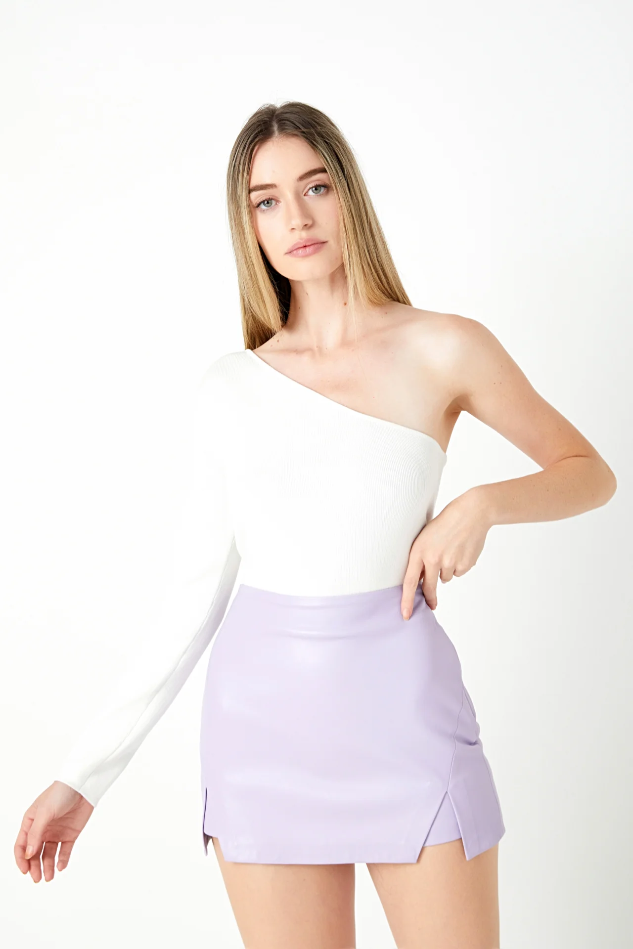 Faux Leather Front Slits Skort