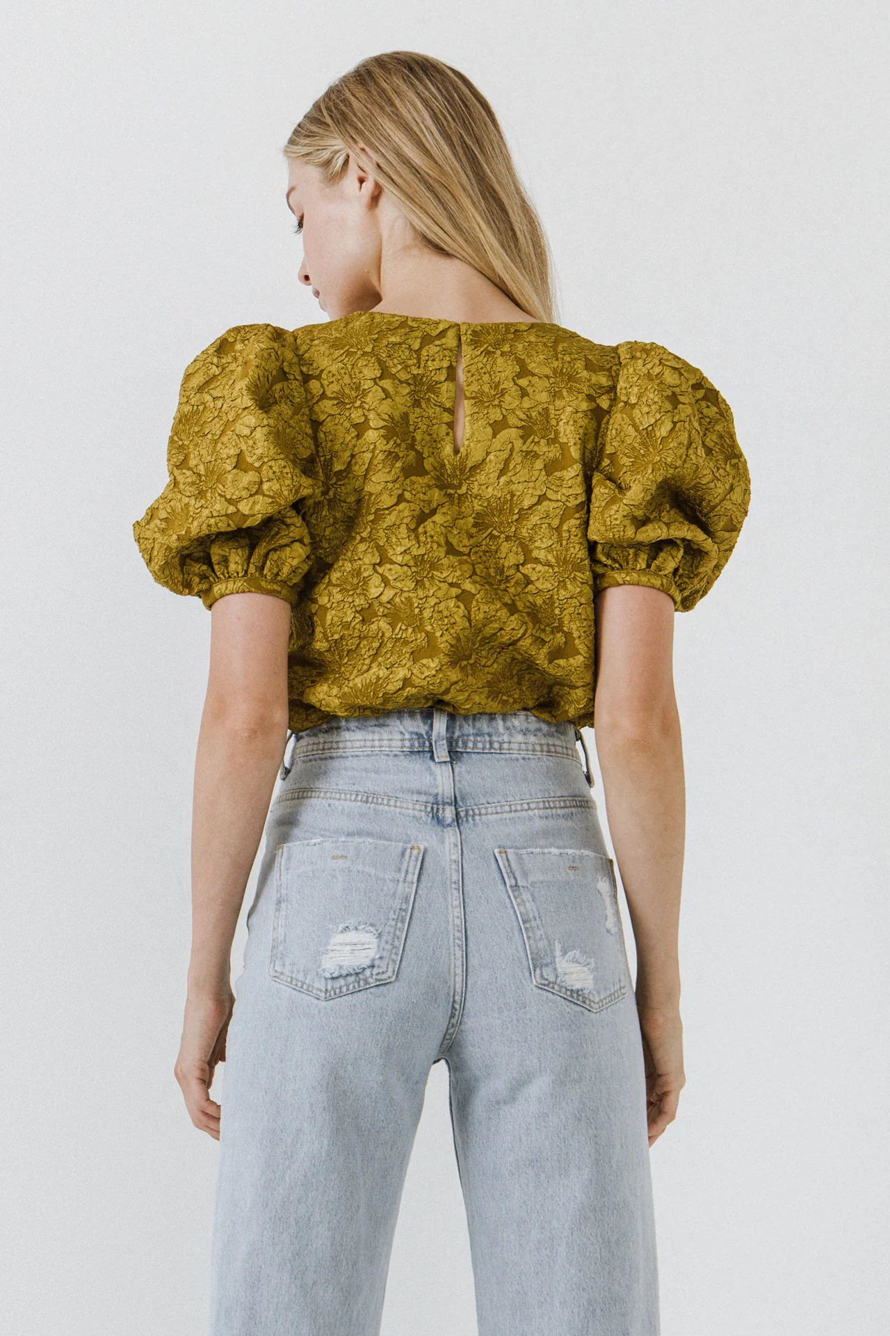 Floral Jacquard Puff Sleeve Top