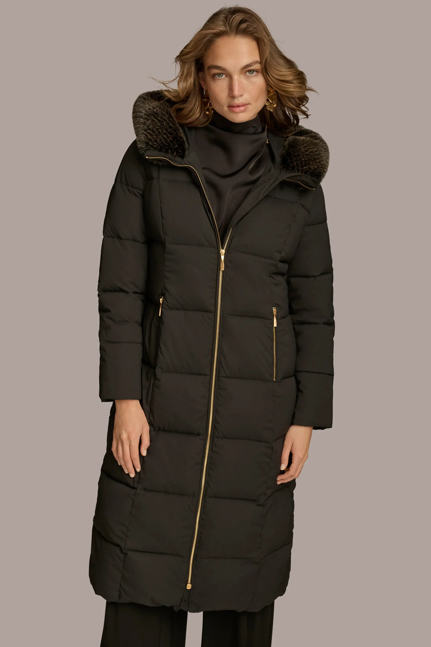 Long Hooded Puffer Coat with Faux Fur Trim