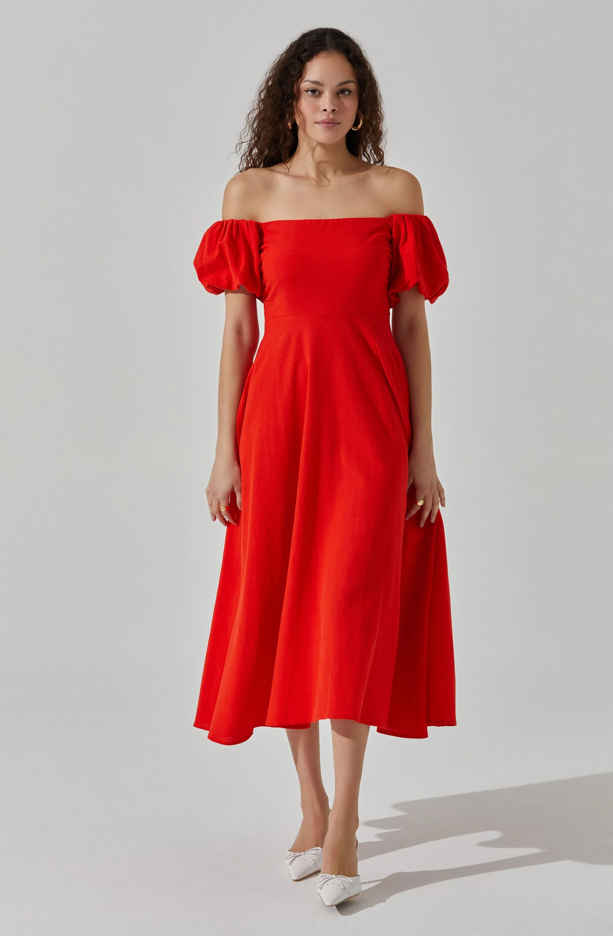 Off Shoulder Puff Sleeve Midi Dress