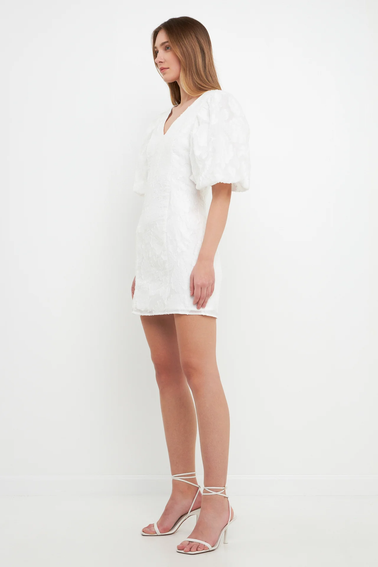 Floral Jacquard Puff Sleeve Mini Dress