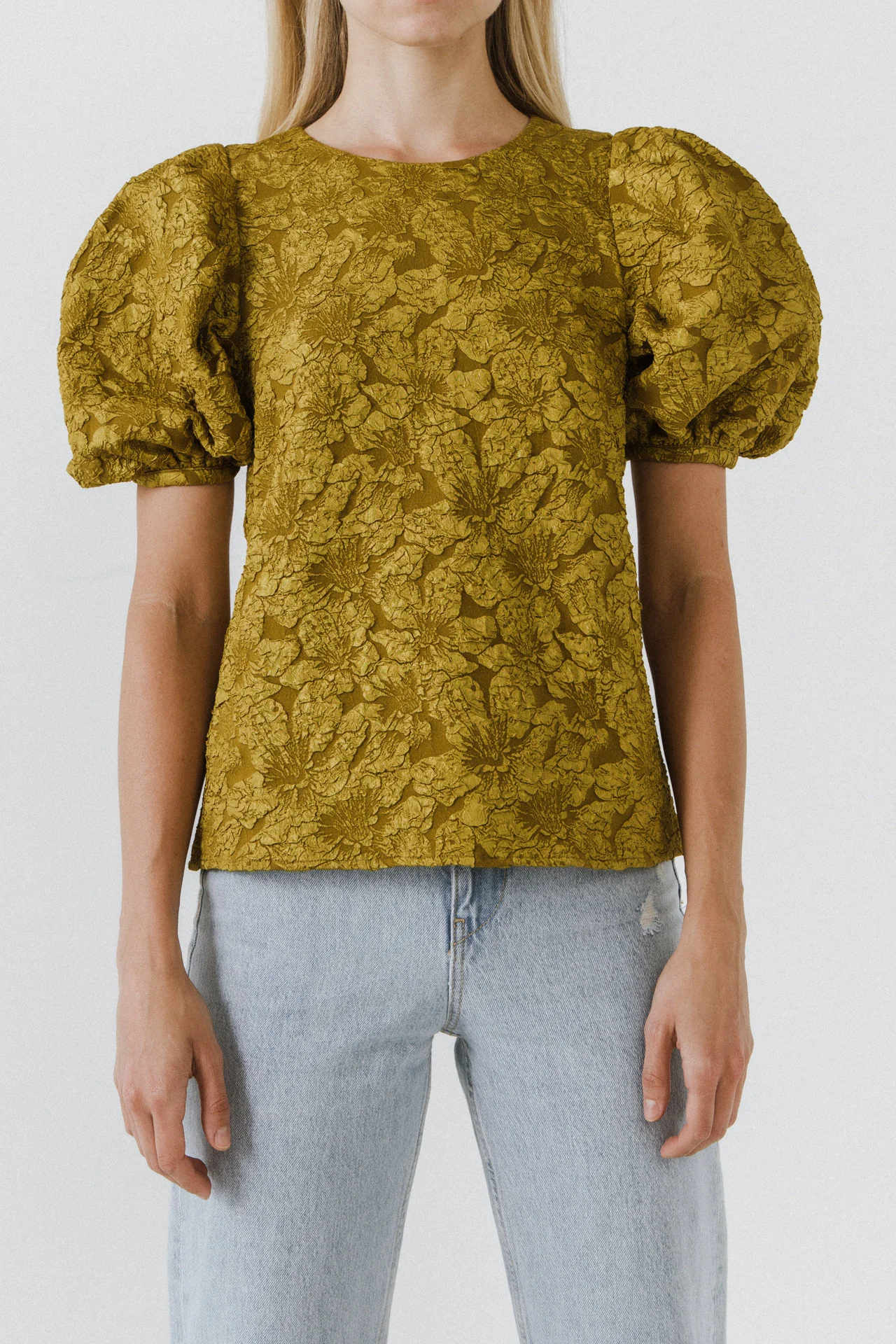 Floral Jacquard Puff Sleeve Top
