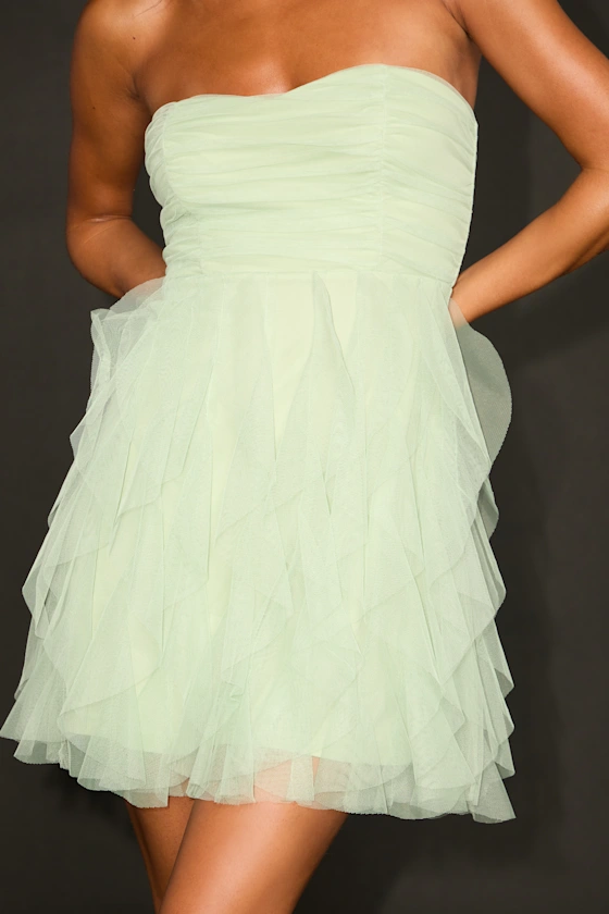 Delightful Beauty Pale Pink Mesh Strapless Ruffled Mini Dress