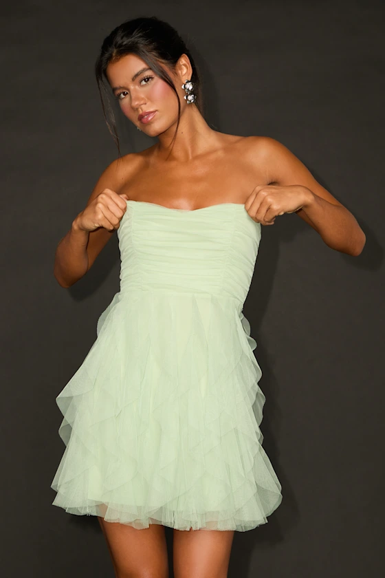 Delightful Beauty Pale Pink Mesh Strapless Ruffled Mini Dress
