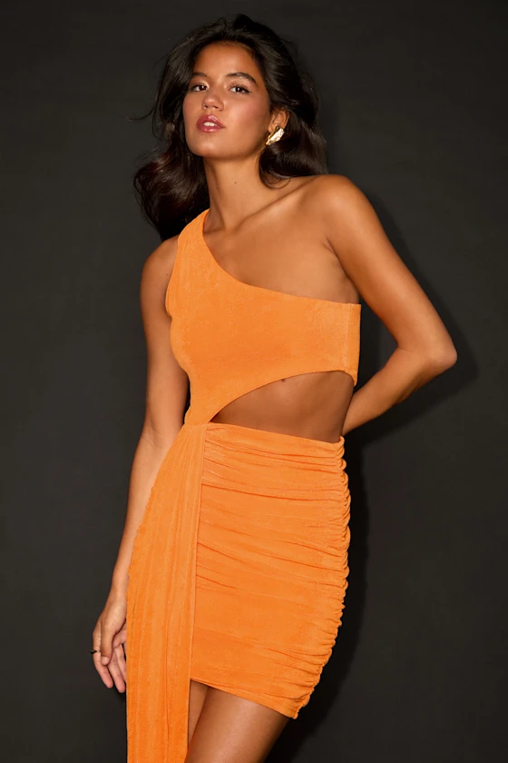 Neila Orange One-Shoulder Cutout Sash Mini Dress
