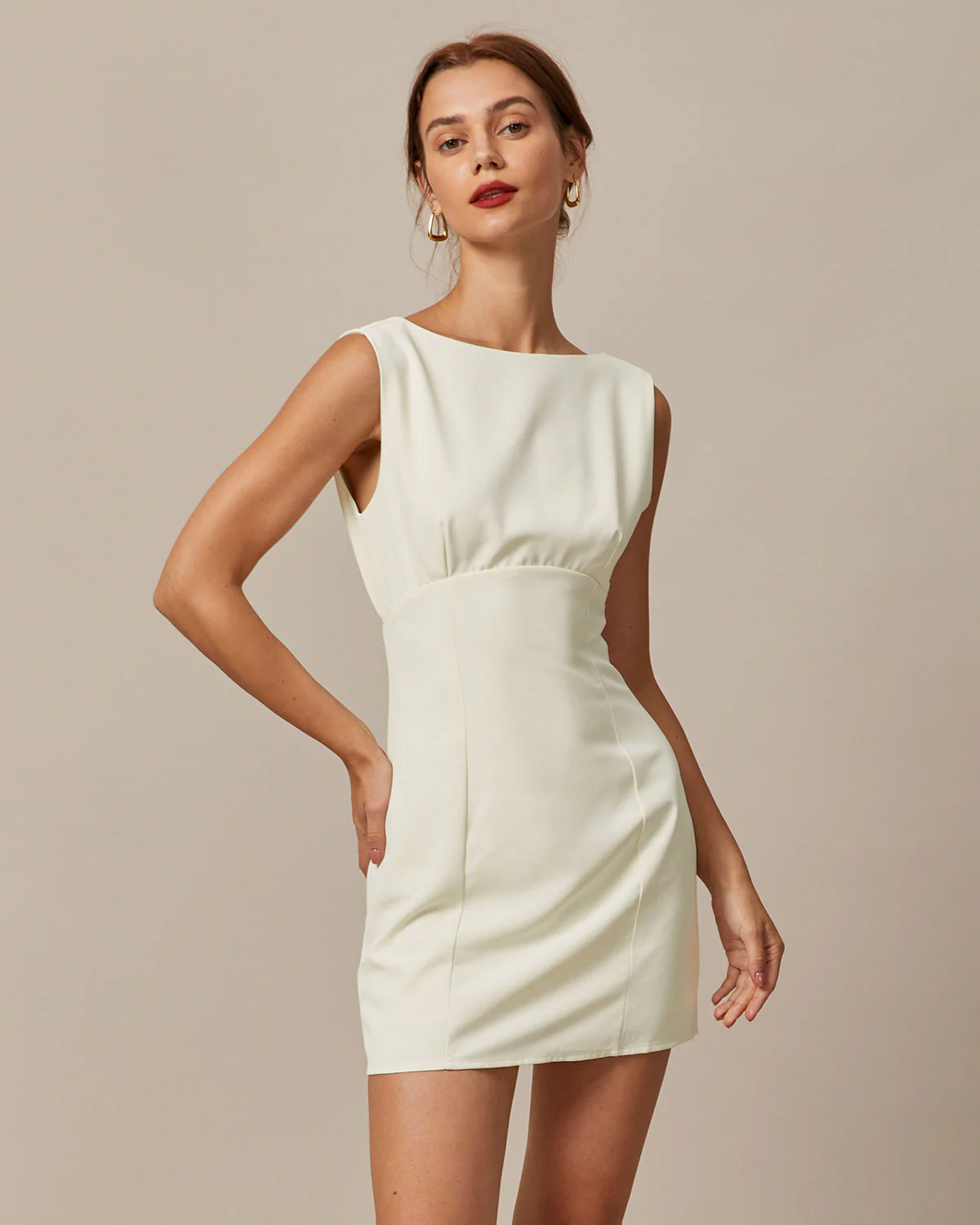 The Beige Boat Neck Back Bowknot Mini Dress