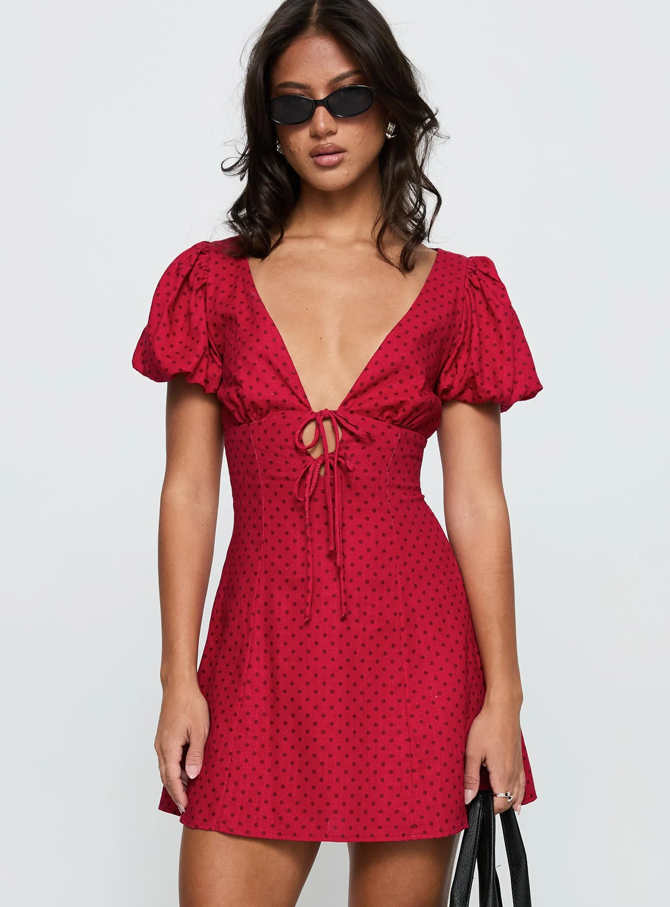 Beloved Puff Sleeve Linen Blend Mini Dress Red Polka