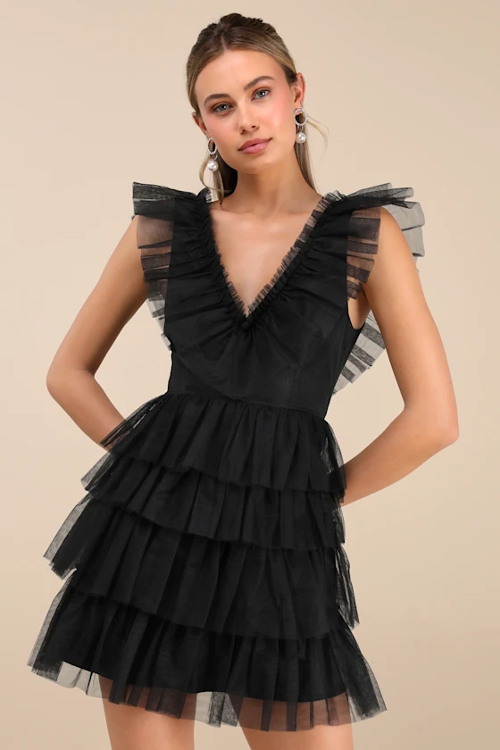 Striking Sensation Yellow Tulle Tiered Ruffled Mini Dress