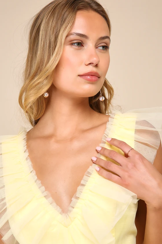 Striking Sensation Yellow Tulle Tiered Ruffled Mini Dress