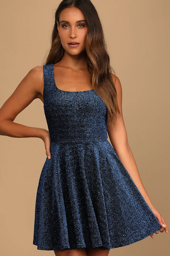 Best Date Ever Light Blue Metallic Skater Mini Dress