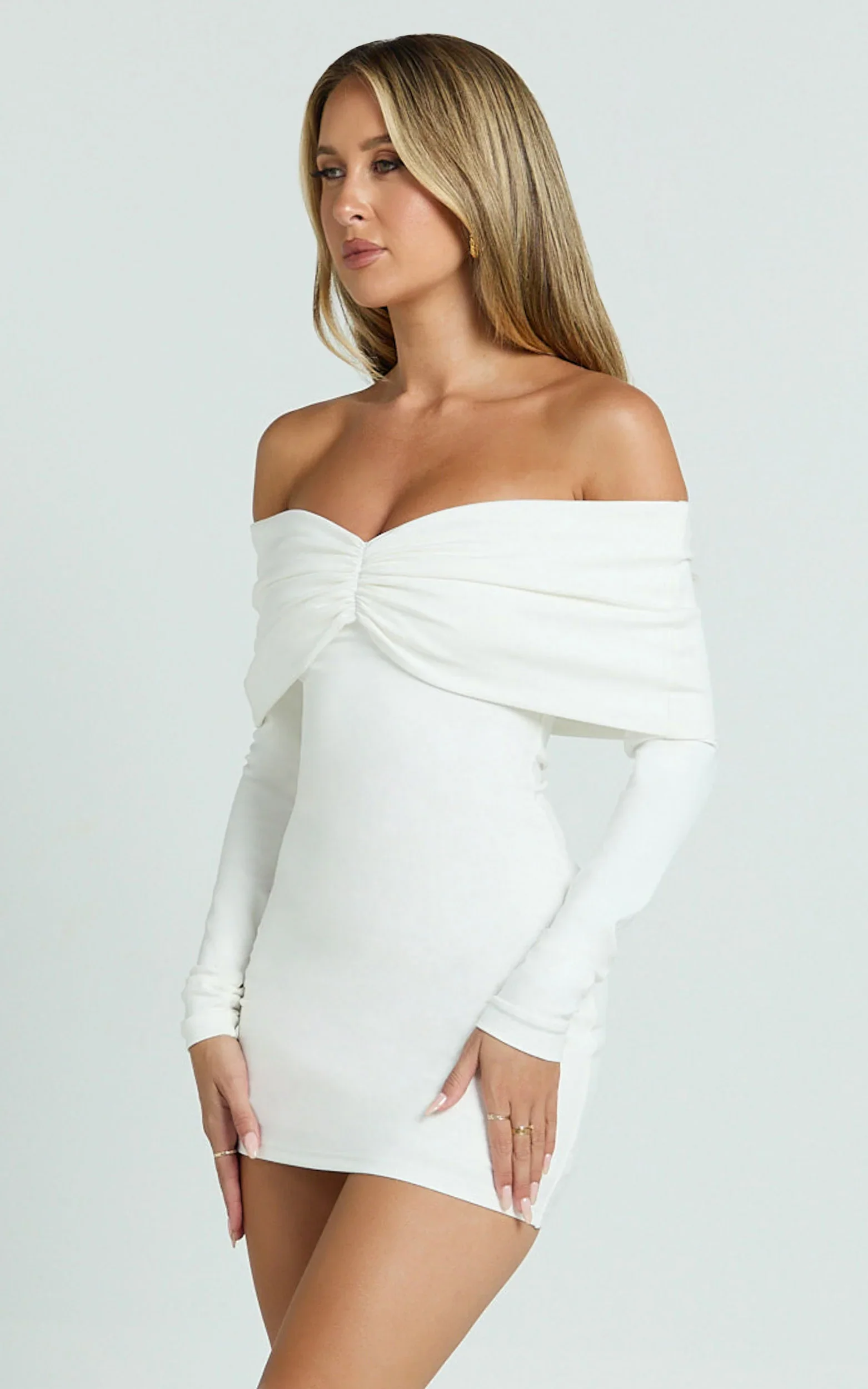 Rani Mini Dress Off Shoulder Long Sleeve Bodycon Dress in Off White