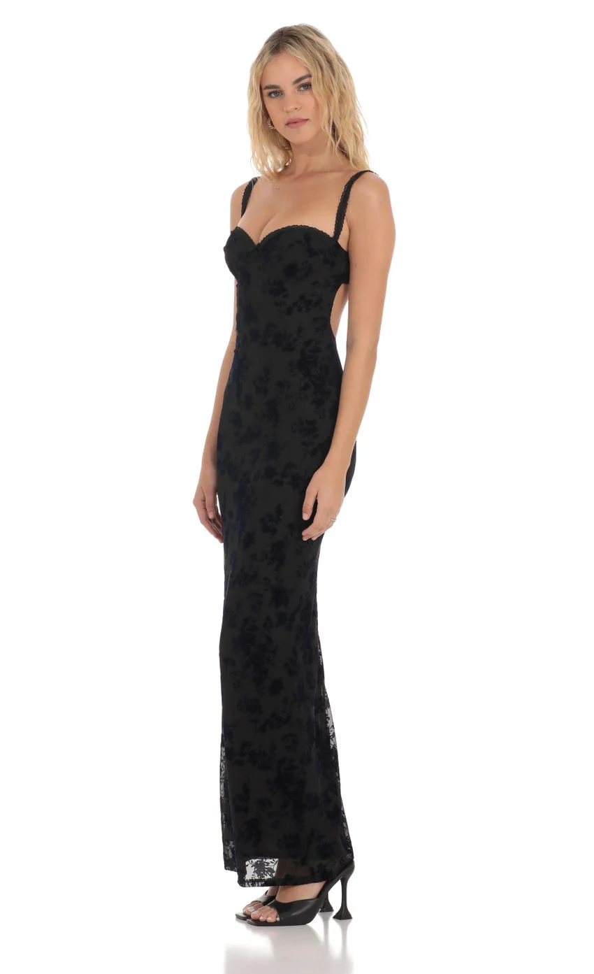 Mesh Velvet Floral Maxi Dress in Black