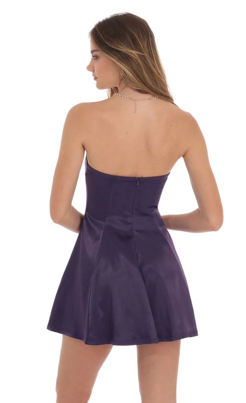 Strapless Satin Fit and Flare Dress in Purple