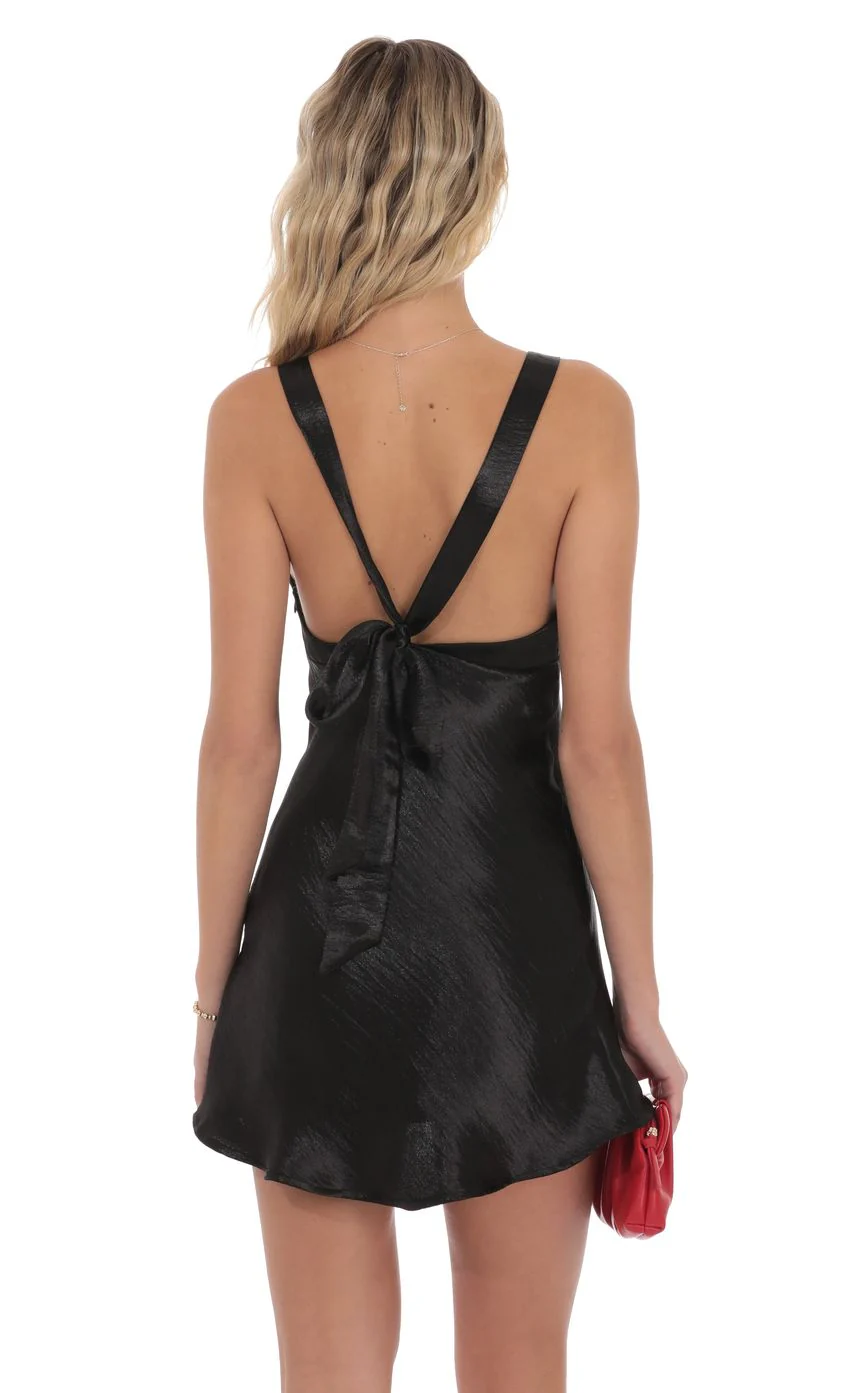 Satin V-Neck Open back Dress in Black