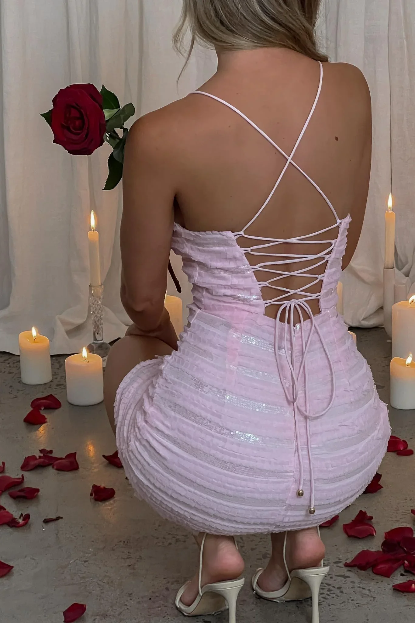 Highlight Reel Sequin Laced Back Dress Pink