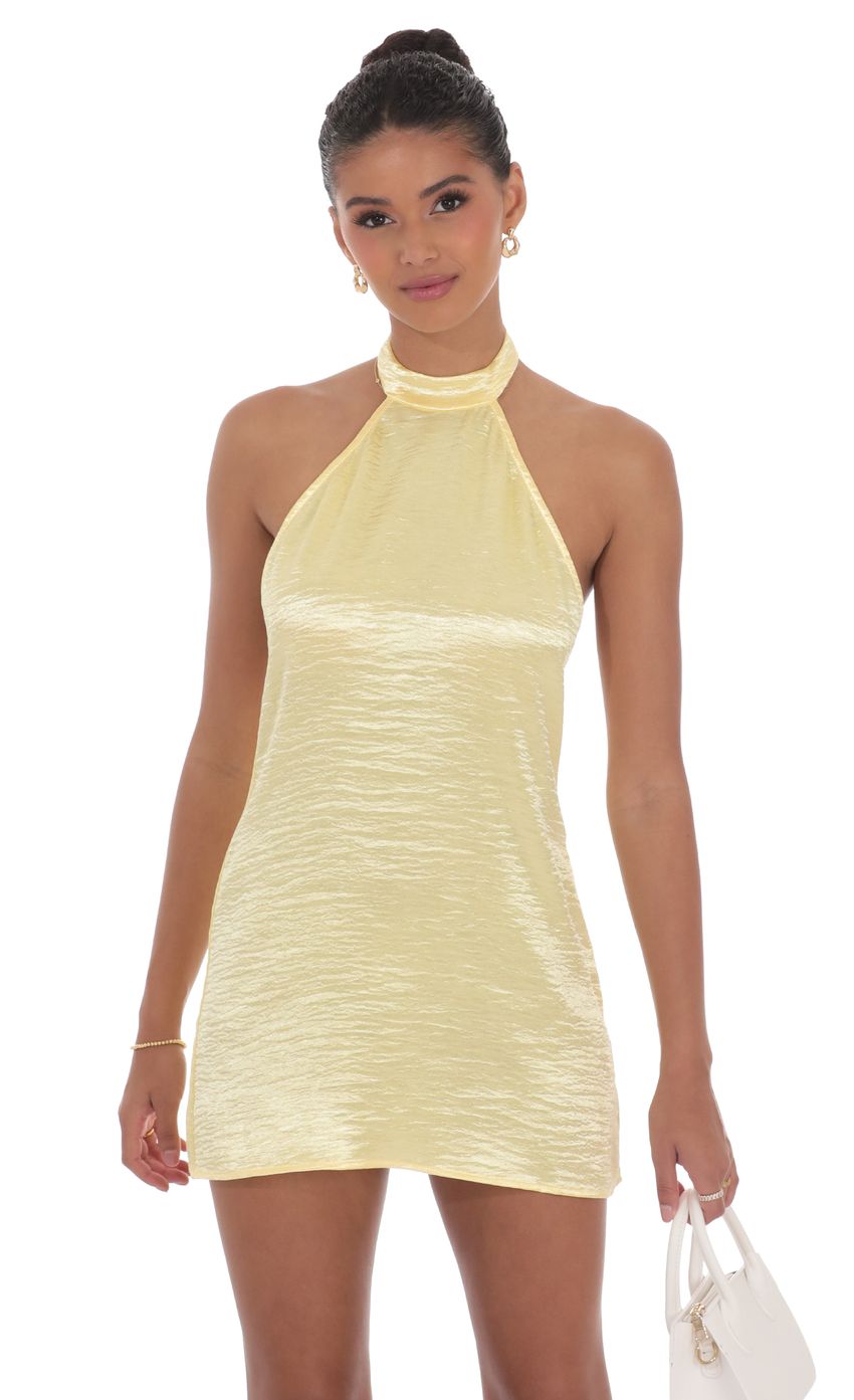 Satin Halter Shift Dress in Yellow