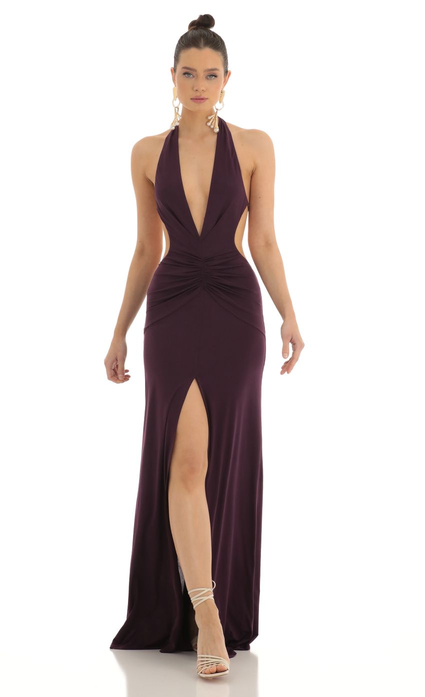 Front Slit Open Back Maxi Dress in Purple