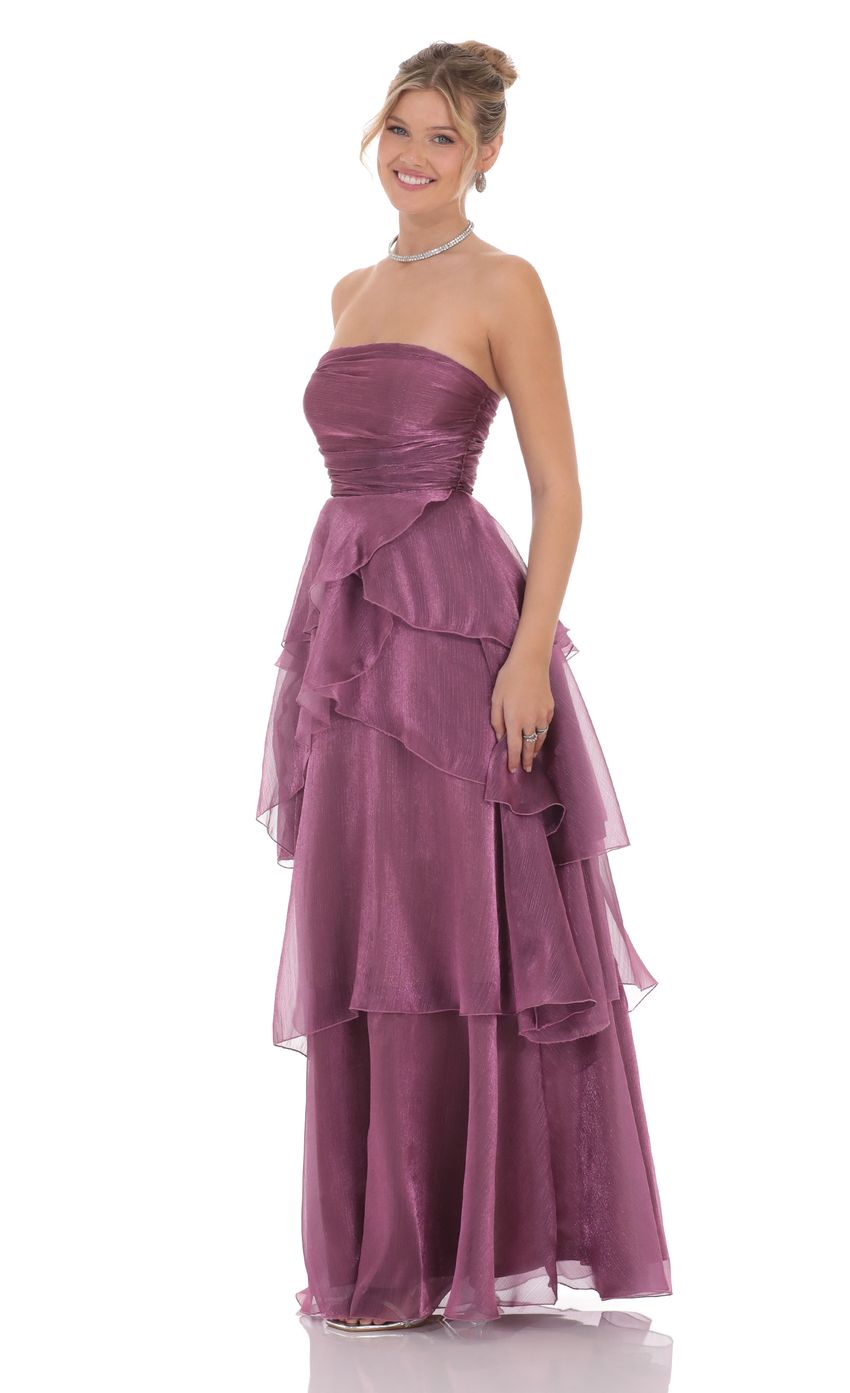 Corset Petal Ruffle Strapless Maxi Dress in Purple