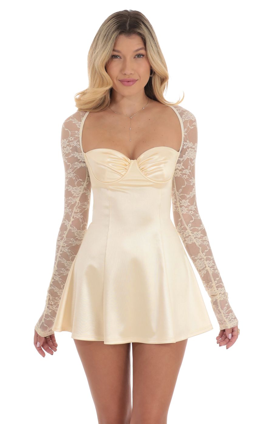 Satin Lace Sleeve Dress in Yellow Cream