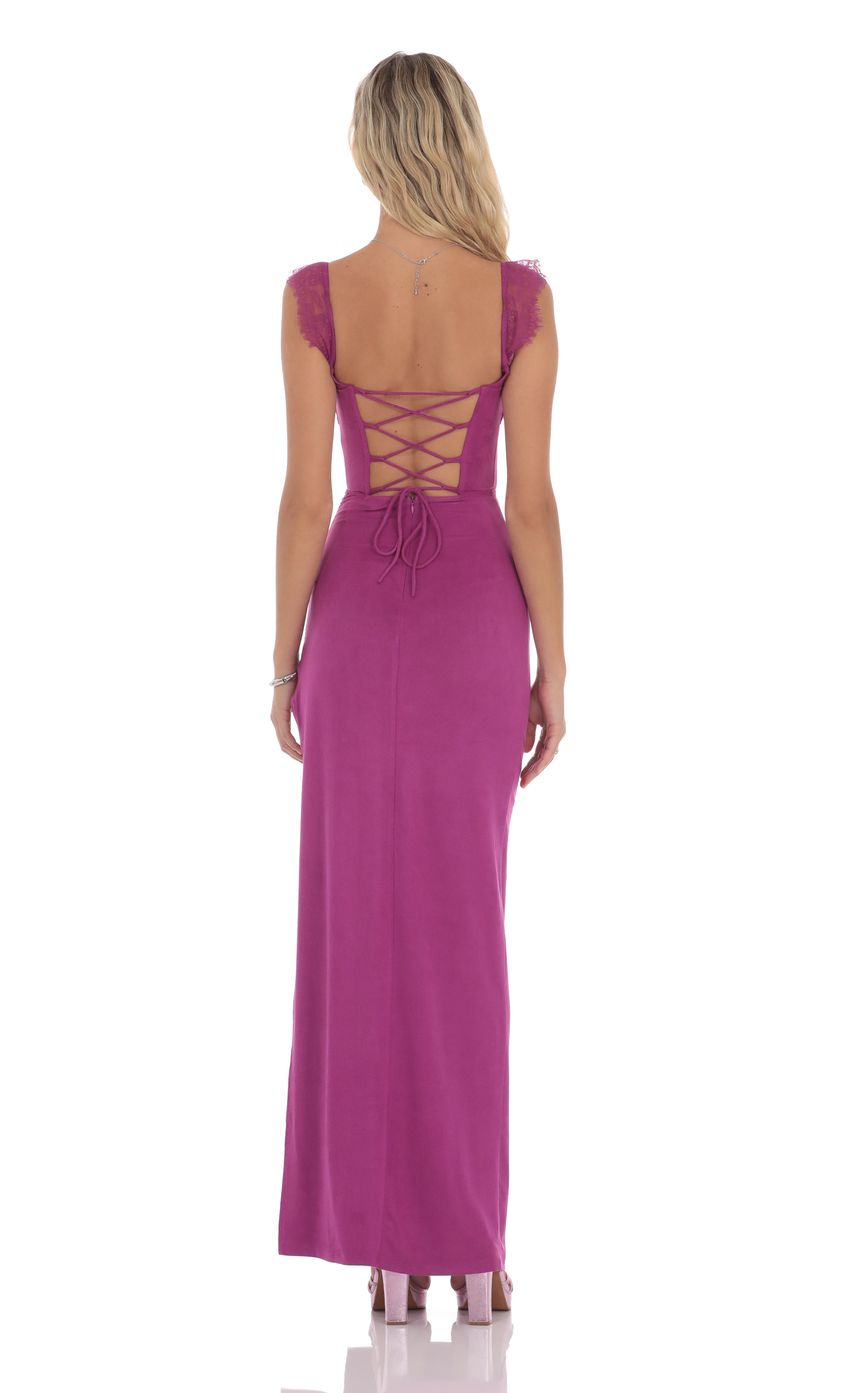 Suede Draped Lace Maxi Dress in Magenta