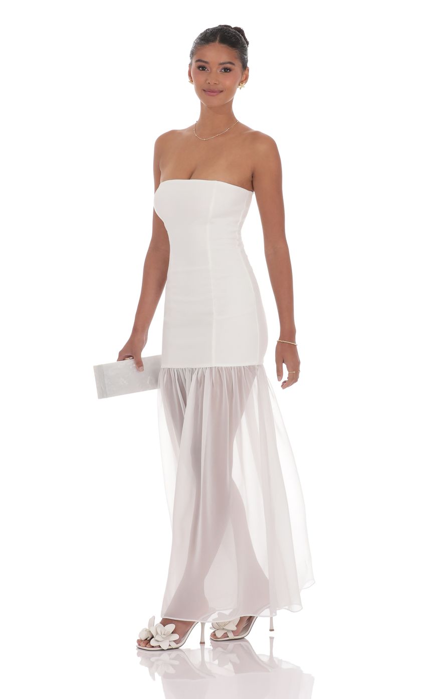 Strapless Chiffon Drop Skirt Maxi Dress in White