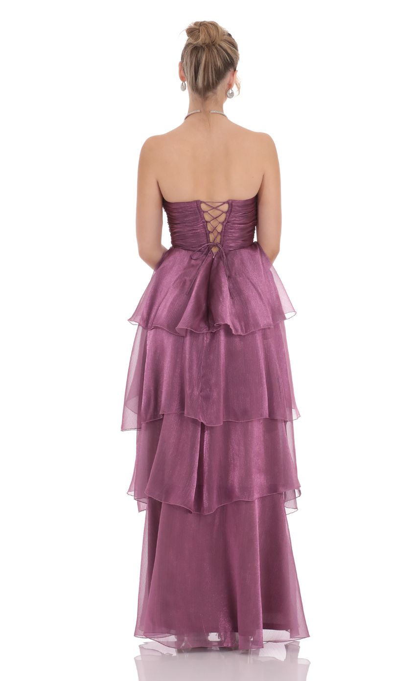 Corset Petal Ruffle Strapless Maxi Dress in Purple