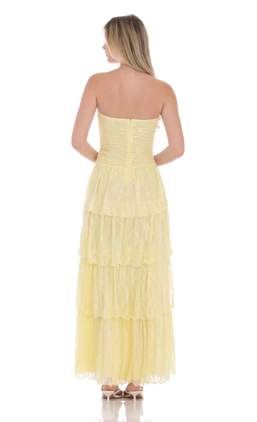 Lace Ruched Ruffle Maxi Dress in Yellow